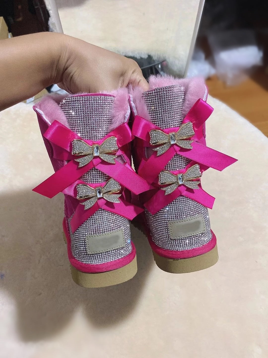 Rhinestone Pink Glitter Uggs With Bow Bling Bow Boots – Bling'd Up
